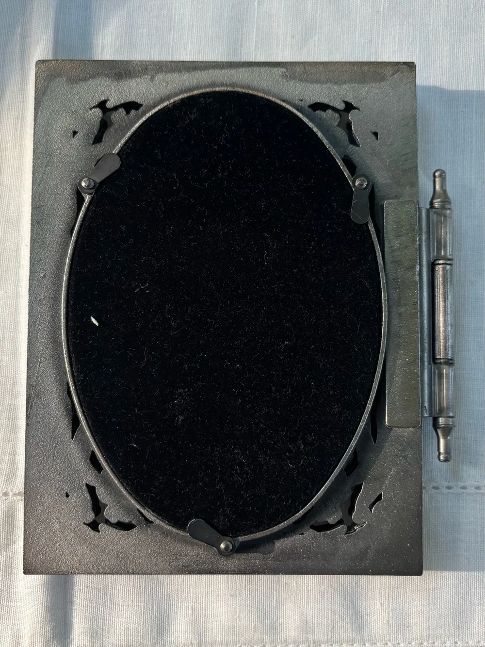Ornate Hinged Oval Double Photo Frame in Dark Silver Tone